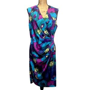 Lauren Ralph Lauren Satin Drape Front Ruched Dress Floral Purple Teal Size‎ 14
